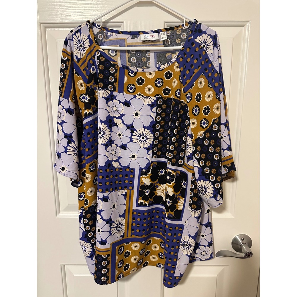 Denim & Co Blouse Womens 2X Multicolor Patchwork Floral Short Sleeve Scoop Neck